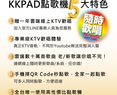 KKPAD點歌機5大特色 1.贈一年雲端線上KTV歡唱 2.專業級KTV歡唱體驗 3.雲端數十萬首歌曲 4.手機掃QR Code秒點歌 5.全台唯一使用高性價比點歌機