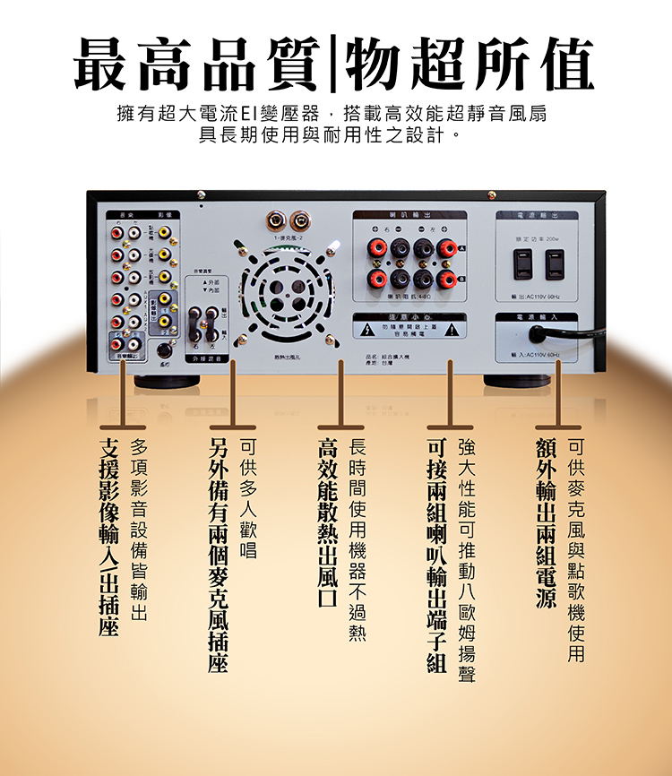G&M A1+卡拉OK專業擴大機 G&M A1+ 卡拉OK專業擴大機 物超所值的KTV音效,就在你家! 晶片瓦數全面升級,聲音更細緻、更動聽, 中頻飽滿、低頻厚實,不暴衝、不嘯叫,唱起來超順! 外型更升級 —— 高級黑色面板 + LED雙彩顯示 + 雙指針電錶 不只好聽,更要好看、好操作! 全中文介面,上手零障礙 五個麥克風輸入,多人歡唱不等麥 大電流變壓器 + 超靜音風扇,穩定又耐唱 家庭聚會、好友PK、KTV等級音場一次到位! 🇹🇼 台灣製造 • 品質保證 • 一年保固 A1+ —— 讓你不只唱歌,而是在開演唱會!
