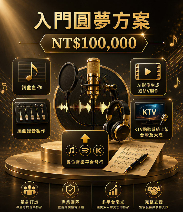方案一|入門圓夢方案NT$100,000 起 適合第一次想擁有自己原創作品、完成音樂夢想的您。 包含: ✔ 原創詞曲創作 ✔ 編曲錄音製作 ✔ AI影像生成或MV製作 ✔ 台灣及大陸KTV點歌系統上架 ✔ 數位音樂平台發行 適合對象: 想用聰明預算,完成人生第一首原創歌曲