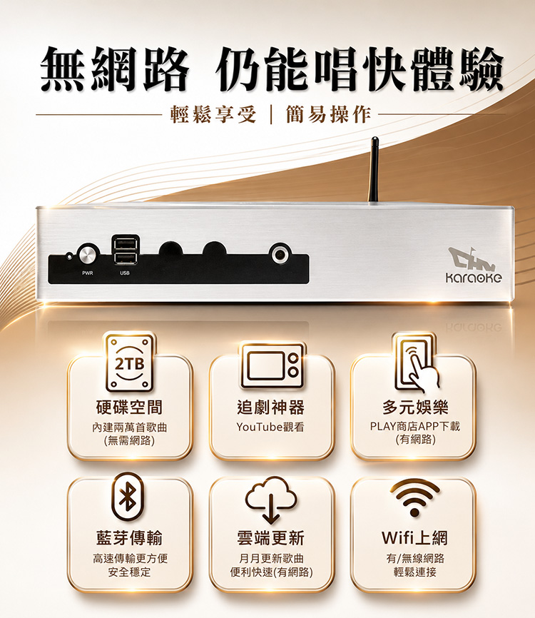 B)點歌機/伴唱機 業界最強CP值最高 點歌機組 K歌/追劇/電影/遊戲/安卓系統 一次滿足 加贈兩本歌本 免費加贈一年雲端系統，連接上網數十萬首隨你唱 超大2TB硬碟，內建2首歌曲，無需網路馬上歡唱 連接上網路可至PLAY商店下載多項APP 可使用WIFI上網，輕鬆連線 開啟藍芽傳輸，高速安全、穩定、方便 完整服務及優質產品/一機完勝市上所有機種 台灣組裝/服務有保證/均享一年保固期
