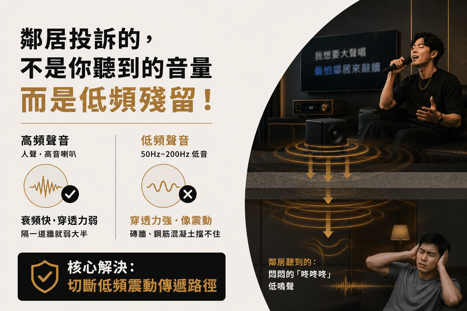 鄰居投訴到的其實不是我們所聽到的音量,而是低頻殘留 鄰居投訴到的其實不是我們所聽到的音量,而是低頻殘留