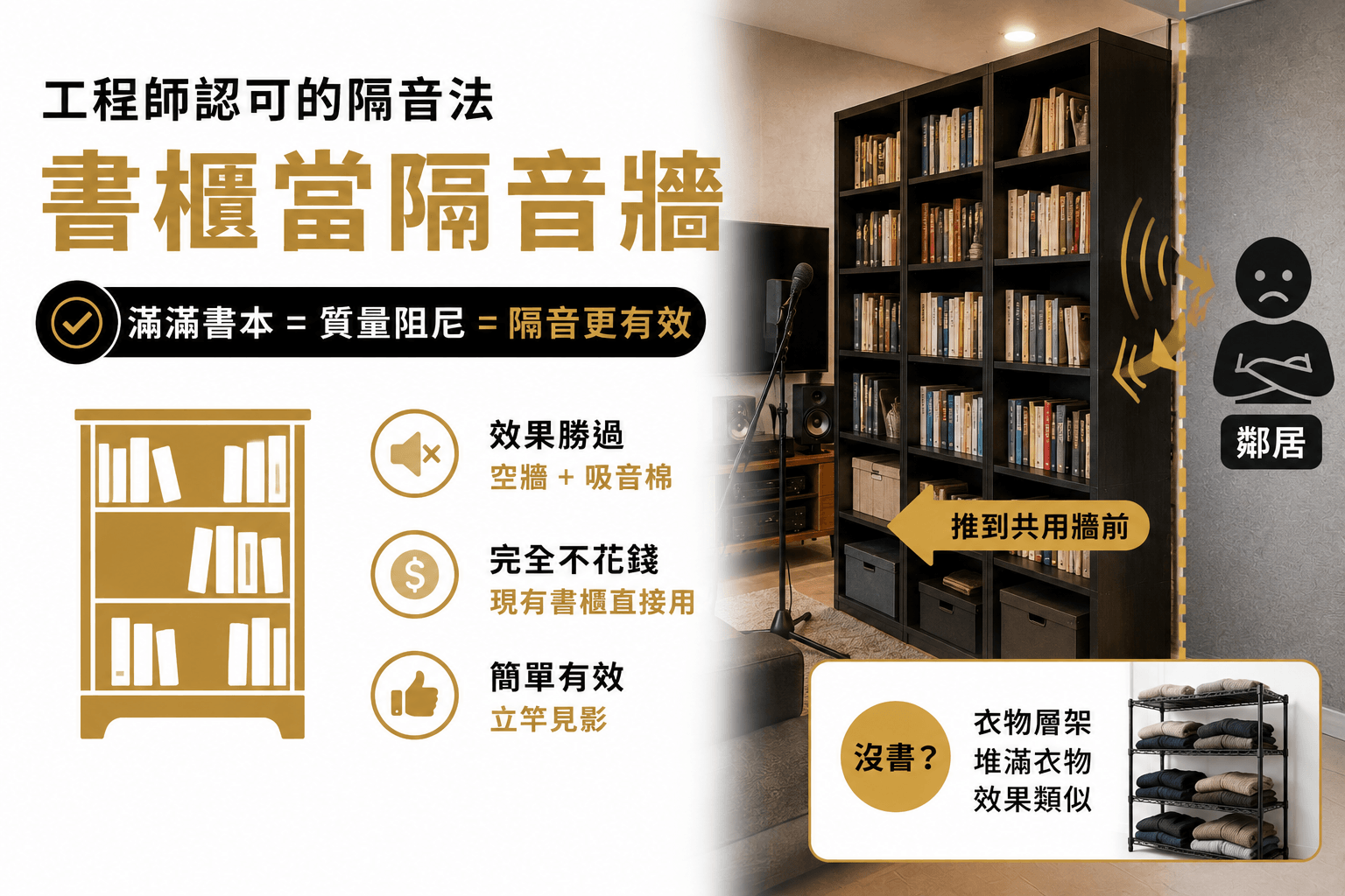 書櫃當隔音牆,放滿書本的書櫃,隔音更有效果 書櫃當隔音牆,放滿書本的書櫃,隔音更有效果