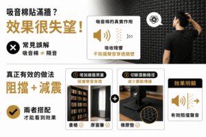 吸音棉貼滿牆，效果很差，因為吸音棉的之時作用是吸收殘響，不阻擋聲音穿透牆壁