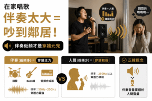在家唱歌伴奏=人聲是錯誤的設定，伴奏低頻多是穿牆的主力，正確應該伴奏音量要低於人生音量