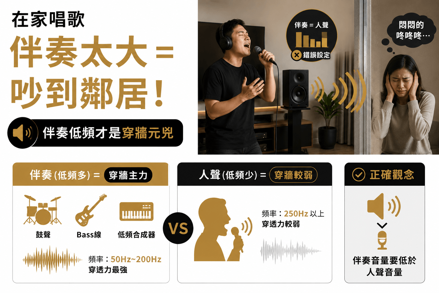 伴奏太大會找到鄰居 在家唱歌伴奏=人聲是錯誤的設定,伴奏低頻多是穿牆的主力,正確應該伴奏音量要低於人生音量