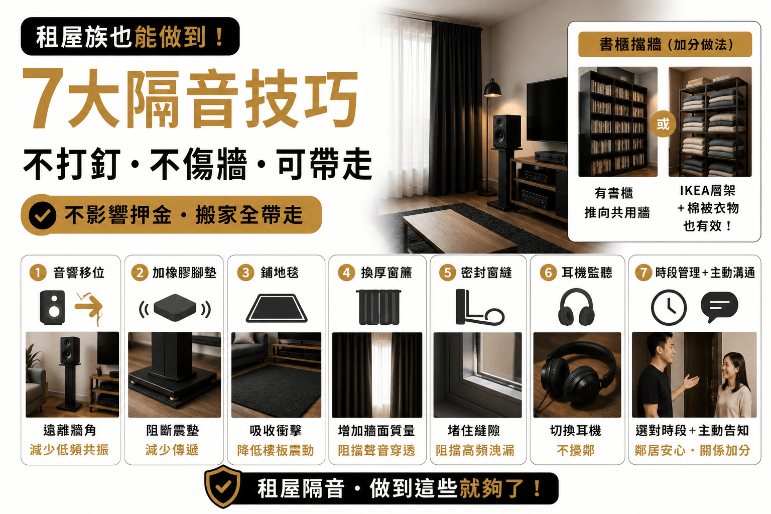 租屋族也可以做到的七大隔音技巧,不用打釘子、不傷強、可帶走 租屋族也可以做到的七大隔音技巧,不用打釘子、不傷強、可帶走